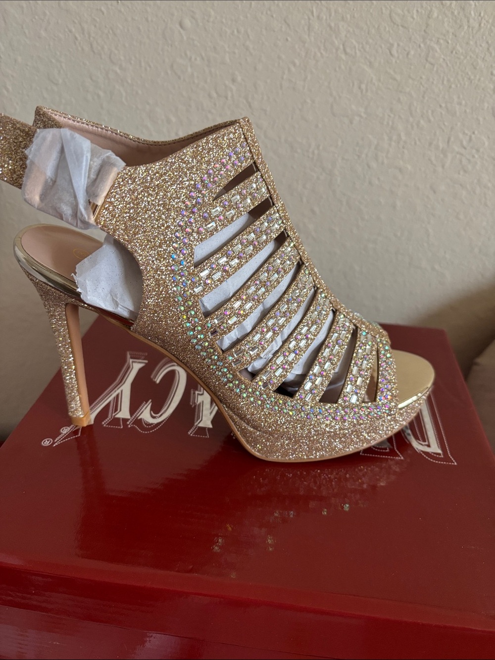 Delicacy Champagne Gold Glitter Rhinestone Strappy High Heel Sandals